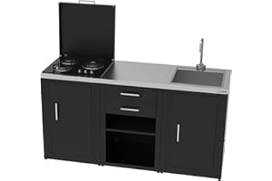SOLEILUX Set cucina da esterno a gas 3 elementi con lavello, rubinetto e tagliere con 2 cassetti estraibili - struttura in acciaio e piano in acciaio inox - Nero