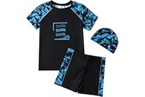 Mayoii Boys Swimming Costume,Big Kids Swim Trunks & Short Sleeve Rash Guard Shirt & Swim Cap,Two Piece Swimsuit T-Shirt Short Set