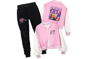 YuanDiann Huntrix College Tracksuit per bambini, set da 2 pezzi, felpa + pantaloni da jogging, giacca da baseball corta con stampa e design a bottoni, per sport, casual, per ragazzi e ragazze
