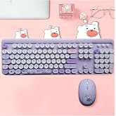 Microcase Mofii Ayıcık Desenli Kablosuz T&uuml;rk&ccedil;e Klavye Mouse Set, Mor, Renkli Yuvarlak Tuşlu