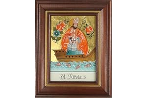 Hinterglaswerkstätten - Hinterglasbild/Patronatsbild Hl. Nikolaus mit braun gebeizten Holzrahmen, handbemalt mit Legende des Heiligen auf der Bildrückseite, ca. B: 12,5 x H: 16 cm
