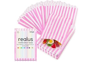 Pink Paper Sweet Bags 5 x 7” | REALUS 100pk Small Empty Sweets Bag | MADE IN BRITAIN | Retro Candy Stripe Sweetie Bags – Perfect for Kids Party, Pic n Mix Shop, Wedding Favours, Popcorn