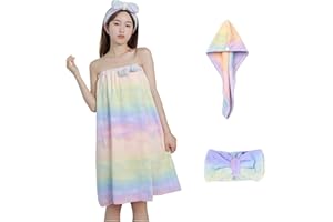 QKTYB Saunakilt Damen Set, 3 Stück schnell trocknend badetücher XXL Ultra-saugfähig Haarturban Schnelltrocknend Bademantel Gummizug Handtuch weiches Baderock+ Stirnband+ Haarhandtuch mit Knopf Set