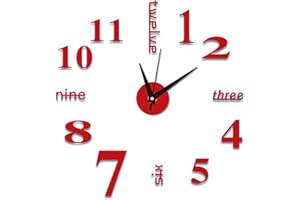 Soapow Reloj Decorativo Grande Reloj de Pared DIY con Etiqueta Acrílica de Gran Número para La Cocina Comedor Oficina Decoraciones Rojo