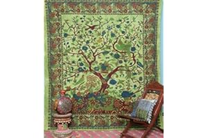 Popular Handicrafts Tapisserie arbre de vie hippie, bohème psychédélique, motif floral complexe, couvre-lit indien à suspendre au mur, 230 x 215 cm, vert