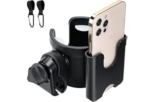 SOSPIRO Pram Cup Holder, Stroller Cup and Phone Holder, Universal Coffee Drink Bottle Organizer with 2 Buggy Clips Hooks for Pushchair Baby Buggy Trolley Walker Bike Wheelchair Pet Strollers
