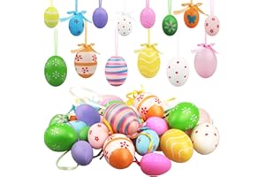 Jangostor 36 Pezzi Uova di Plastica Dipinte - 2 Dimensioni Appese Uova di Pasqua Decorazioni con Vari Stile Punti Strisce Fiori per Albero Scuola Casa Ufficio Articoli Feste Decorazione Pasquale