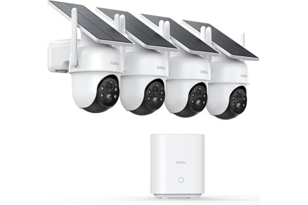 AOSU 2K Camera Surveillance WiFi Exterieure Sans Fil Solaire, Kit de 4 Caméras & aosuBase, Sans Abonnement Stockage Local, 3MP 360° PTZ Suivi Automatique Vision Nocturne Alarme Son & Lumière 2,4/5 GHz