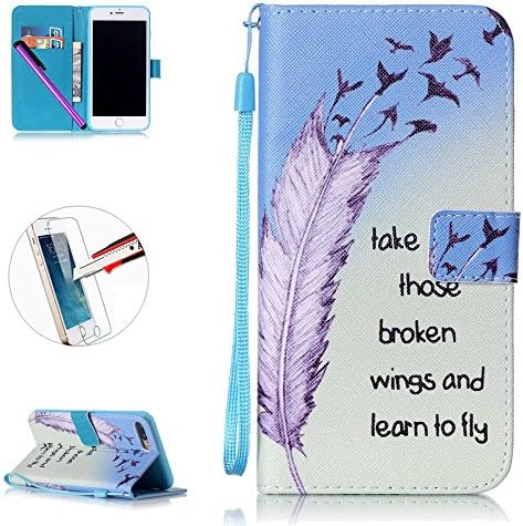 iPhone 7+ Case,iPhone 7 Plus Premium PU Leather Case ,NEWSTARS Romantic Colorful Pretty Beautiful Cute Painted Wallet Case For iPhone 7 Plus 5.5 inch,Modern Slim Geometric Design Fashion Cover +1Pcs Screen Protector + 1 Pcs Stylus Touch Pen.Feather Birds Words