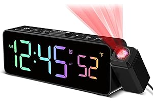 NETZU Projektionswecker für Decke Wände, Digitaler Wecker mit 180° Projektor, Temperaturanzeige, RGB-Anzeige, 4 Helligkeit, 3 Lautstärke, 9-Min-Schlummer, 12/24H, Wecker mit Projektion für Schlafzimmer