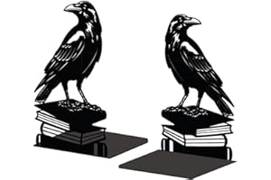 Peacoblue Metal Bookend Stopper Holder Stand for Shelves Decorative, 5.3"x4.3"x7.9" Modern Creative Heavy Duty Study Book End for Desk Shelf, 1 Pair (Crow on Book Stack)