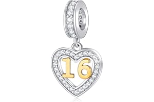 GLOWDAS 10 to 25 28 30 33 35 40 45 50 55 60 65 70 75 80 Birthday Charms, fit European Anniversary Bracelet/Necklace, Golden Number 925 Sterling Silver Heart Pendant with CZ, for Women/Men