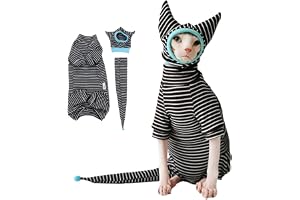 SNIXfever Sphynx Kattkläder Svarta Ränder Andningsbara Skjortor Kostym, Husdjurshatt och T-shirt Set (Medium)