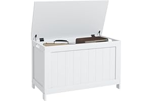 HOMCOM Storage Chest, Modern Storage Trunk with 2 Safety Hinges and Cut-out Handles, Wooden Toy Box for Living Room, Entryway, 76 x 40 x 48 cm, White