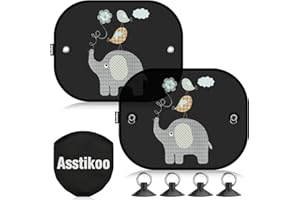Asstikoo Car Window Shades for Baby, Car Sun Shades Baby Kids with Cute Animal Motifs, Sun Visor for Car Baby UV Protection, 45 * 35.5cm Universal Baby Car Window Sunshades with Suction Cups, 2 Pack