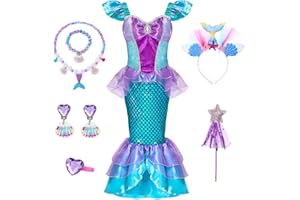 Houstar Kostium syrenki dla dzieci, sukienka syrenki dla dziewcząt, z ogonem, zestaw naszyjników, kostium księżniczki, fantazyjny kostium, kostium syrenki, na karnawał, imprezę cosplay