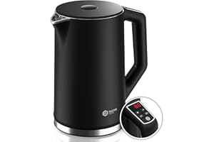 BALTER Edelstahl Wasserkocher mit Temperatureinstellung, 40°C-100°C, Doppelwand, BPA frei, leise & kabellos, Kettle, Teekocher mit Temperaturwahl, 1.5L, 2200W, Schwarz