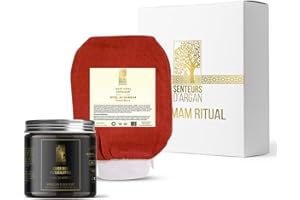 senteurs d'argan - Gommage corps au savon noir eucalyptus 200g + gant gommage corps, gant exfoliant corps " KESSA " du Maroc