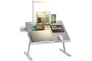 SAIJI Bed Table, Lapdesk, Bed Desk with 3 Modes LED Light, Height & Angle Adjustable, with Book Stand, Drawer, Tablet groove, For studying, working, dining,crafting (Grey 23.6 * 17.7'')