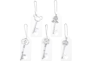Aokbean 50 Pezzi Scheletro Vintage Apribottiglie Chiave Misto Stile Set Bomboniere per Matrimonio con Tag Grazie e Portachiavi (Antico Argento)