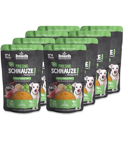 Bosch FRESHE SCHNAUZE Nassfutter Für Hunde – Huhn Mit Reis & Karotten, 8 X 250 G, Schonend Dampfgegart & Getreidefrei