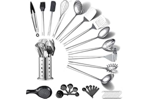 ReaNea Ensemble d’ustensiles de cuisine en acier inoxydable 40 pièces avec porte-ustensiles, gadgets de cuisine, essentiels de cuisine, ensemble de spatules en métal
