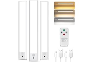 TOPPLEE Lampe de Placard 3 Piece Lampe Détecteur de Mouvement Interieur 31CM, Télécommande, 3 Températures de Couleur Lampe LED Rechargeable Cuisine Réglette Luminosité Réglable Veilleuse Couloir Escalier