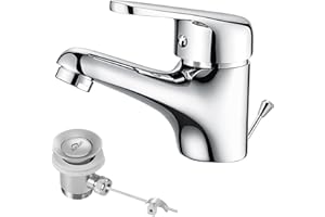 Rubinetto Bagno Lavabo, Auralum Miscelatore, Scarico a Saltarello con Asta Piletta, Rubinetto Monocomando per Piletta Lavandino, Classico Ottone Cromato Rubinetti