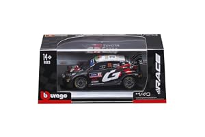 Bburago - Toyota GR Yaris Rally 1 Hybrid #33 Evans med utställningsmonter i skala 1:43, diecast-rallybil, detaljerad replika, officiell Toyota-licens, rekommenderad ålder 14+ år
