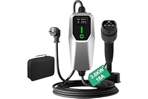 Hexinex Cargador EV Tipo 2 Portátil de 3.6KW con Corriente Ajustable de 8A-16A, Estación de Carga para Vehículos Eléctricos, Compatible con Voltaje Doméstico de 240V, con Pantalla LED Digital y Bolsa