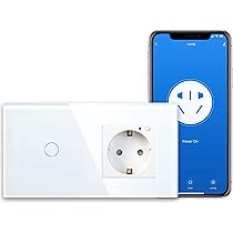 BSEED Normaal stopcontact met Smart Alexa lichtschakelaar, inbouw, verticaal, glas, Schuko-stopcontact (niet wifi), single live wifi-touch-lichtschakelaar, 2-voudig, 1-weg, grijs