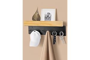 WJUAN Boîte à clés murale avec étagère et 6 crochets – Porte-clés mural en bois et métal, vide-poche mural pour entrée, couloir, cuisine, avec vis et chevilles incluses