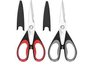 Vutyvve Lot de 2 paires de ciseaux de cuisine en acier inoxydable avec housse de sécurité - Poignée souple - Multi-usages - Robustes - Rouge/gris