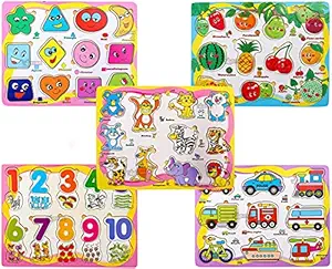 Toyshine 5 in 1 Wooden Picto-Puzzle Toy Kids | Shapes, Numbers, Animals, Fruits, Vehicles | Educational & Learning Toy