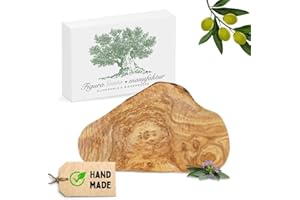 FIGURA SANTA Planche en bois d'olivier - planche de service rustique planche en bois planche à découper bois d'olivier à grain fin, tranche naturelle avec écorce d'arbre environ 30 x 18 cm