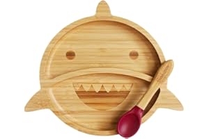 BUBBABOO Bubba Boo Bamboo Plate and Spoon Set Baby Suction Plate Shark Design (Cherry)