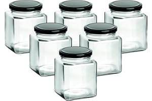 GOUVEO Set di 6 barattoli da conserva 380 ml Quadrati con Coperchio a Vite Nero - barattoli da conserva con Tappo a Vite - barattoli da marmellata Vuoti, barattoli da conserva, barattoli da conservazione