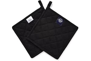 Encasa XO Presine in cotone resistente al calore con anello per appenderle - Set di 2 -Nero pieno - Presina da cucina, barbecue e microonde - 21 cm