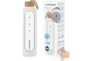Wessper Bouteille a eau 500 millilitres, Bouteille de Motivation avec échelle D'hydratation, Gourde pour eau en Verre Borosilicaté avec étui en Silicone, Matériau Sans BPA – Blanc