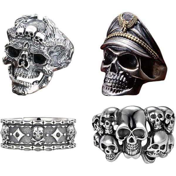 LIUYIDM 5 stuks herenringen, verstelbaar, roestvrij staal, doodskop, vintage, schedel, slang, punkrok, gothic, schedel, sieraden, voor Halloween en themafeesten