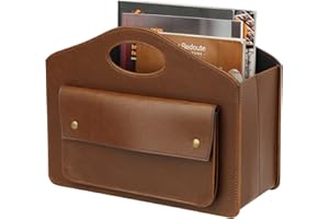 HofferRuffer Leather Magazine Holder Newspaper Rack with Handle Foldable Storage Basket with Little Front Bag Multipurpose Organizer Brown 13.8*11*6 Inch