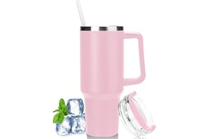 Hrobig 40oz Thermobecher mit Strohhalm und Henkel, 1180ml Kaffeebecher To Go mit Deckel, Doppelwandiger Edelstahl Vakuum Isolierbecher Tragbare Autobecher für Kalte Heiße Getränke - Rosa