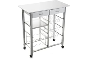 Versa Leicester Carro de Cocina con Ruedas, cajones y botellero, Verdulero con despensa y organizadores, Almacenaje de Cocina, Medidas (Al x L x An) 82 x 40 x 76 cm, Madera y Metal, Color Blanco