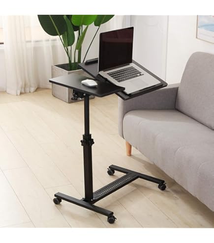 ETHU Height-Adjustable Overbed Table With Casters, 67-101cm Pneumatic Lift Mobile Desk, 20kg Load Capacity With Ultra-Thin Base & Magnetic Hook For Bed, Sofa And Home Office, Oak - View #4