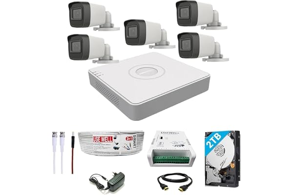 4 Channel DVR with 5 MP 1 Dome & 1 Bullet Cameras with Audio Recording + 500 GB HDD + (3+1) Cable roll + 4 CH Power Supply + USEWELL BNC & DC Full Combo Kit (5 Bullet 2 TB)