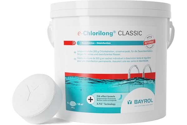 BAYROL e-Chlorilong® Classic Piscine 5 kg - Galets de Chlore Lent 200g - 92% Chlore Actif - Désinfection Permanente Haute Concentration - Anti-Calcaire