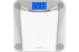 Vitafit Digital Bathroom Scale for Body Weight,Weighing Professional Since 2001,Extra Large Blue Backlit LCD and Step-On, 28st/400lb/180kg, Clear Glass