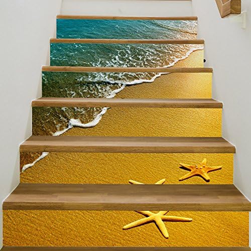 Tile Stickers Backsplash, DIY Waterproof Peel and Stick Home Decor Talavera Staircase Decal Stair Mural Decals for Stairs Bathroom Kitchen 18cm x 100cm x 6pieces (Starfish Beach)