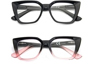 Kodilin 2 Pack Occhiali da lettura donna Oversized Square Anti Luce Blue Computer Lettori Uomo con cerniera a molla (+2.0, nero e nero rosa)