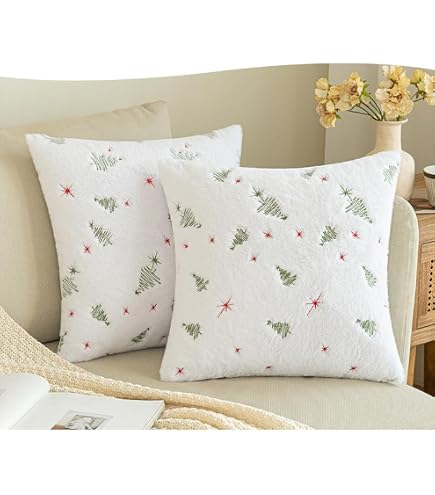 Lewondr Weihnachtskissenbezüge 45x45 Cm, 2er Set – Weiches Kunstfell Mit 3D-Schneeflocken-Stickerei Für Gemütliche Winterdeko
